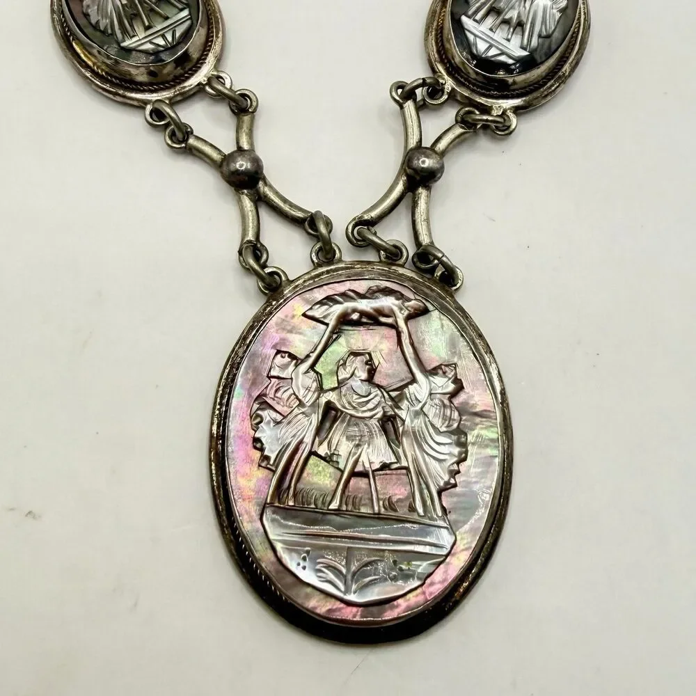 Antique Three Graces Carved Mother of Pearl MOP 800 Silver 3 Cameo Necklace Vtg